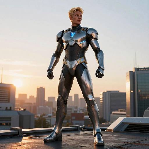 Blond Superhero on Futuristic Rooftop