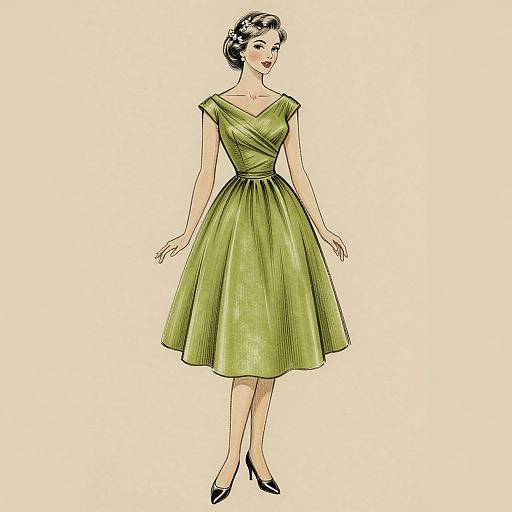 Digital illustration of a vintage-style woman with short black hair, wearing a green, sleeveless, knee-length dress and black heels, standing against a plain