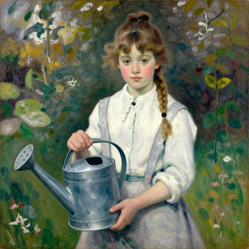 Oil painting of a young girl with rosy cheeks, brown braided hair, white blouse, gray skirt, holding a silver watering can, set against