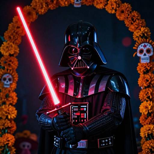 Photograph of Darth Vader holding a glowing red lightsaber, framed by orange marigolds and skull decorations, in a dimly lit setting.