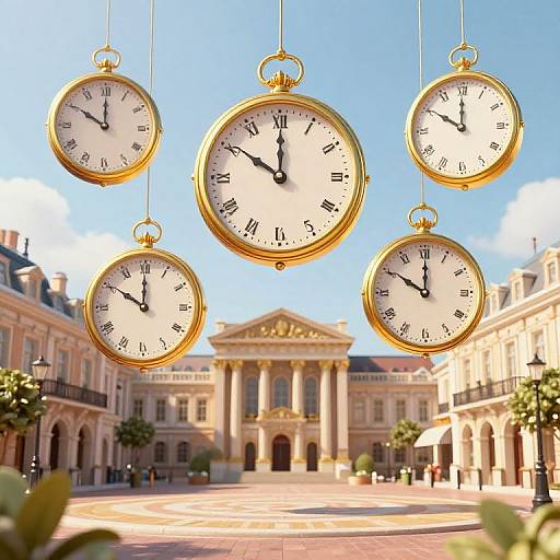 Photograph of five gold, hanging pocket watches with black Roman numerals, suspended above a sunlit, elegant European courtyard with classical architecture.
