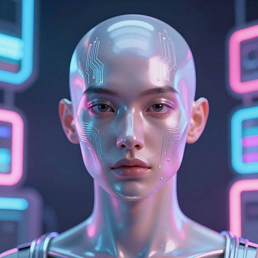 Chrome AI Portrait with Neon Circuitry