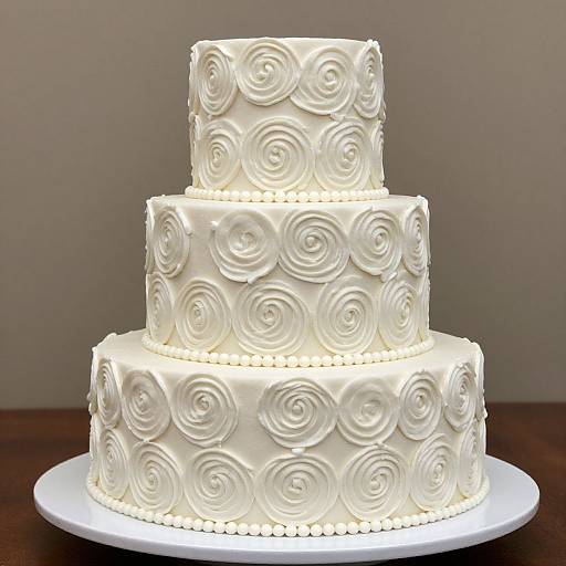 Photograph of a three-tiered white wedding cake with intricate rose swirl frosting patterns, bordered by small pearl-like decorations, on a dark wooden table.