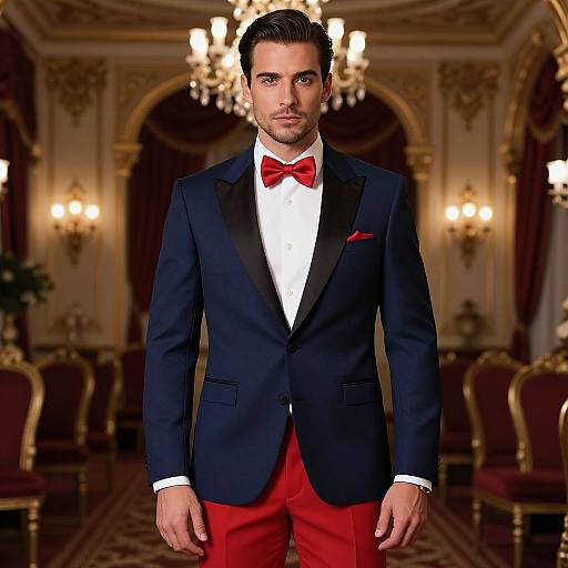 Photograph of a handsome man with dark hair, dressed in a black tuxedo, red bow tie, and red pants, standing in an op