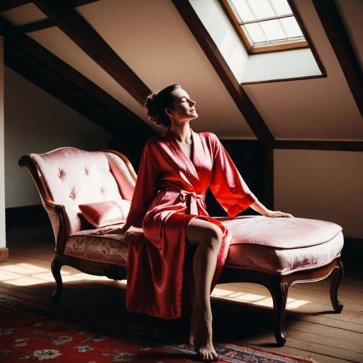 Woman in Red Satin Robe on Vintage Chaise Lounge