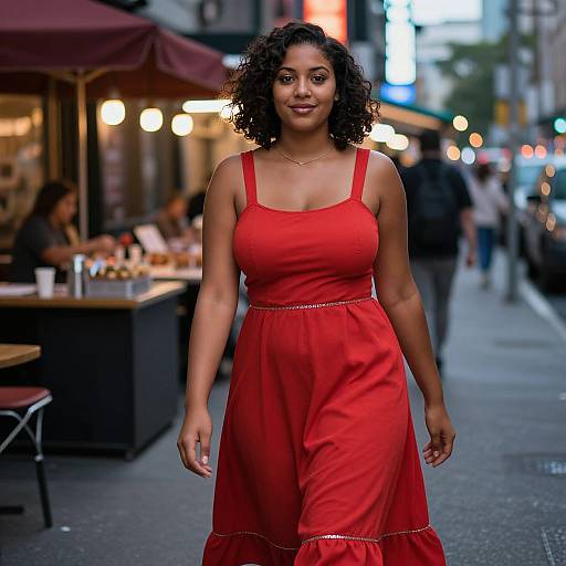 Photograph of a curvy, dark-skinned woman with curly hair in a red, sleeveless dress walking confidently on a bustling city street at night
