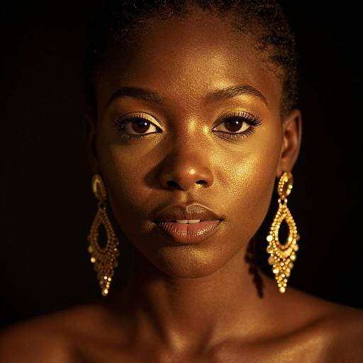 Photograph of a dark-skinned woman with glowing golden complexion, wearing ornate gold drop earrings, against a black background. Her expression is calm,