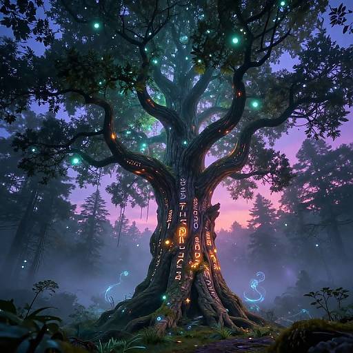 Photorealistic digital artwork of a magical, glowing, ancient tree with luminescent runes and blue fireflies in a misty, twilight forest.
