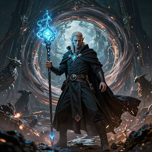 Digital fantasy artwork of a fierce, blonde, elven wizard in black robes, holding a blue, fiery staff, surrounded by swirling energy and dark dragons