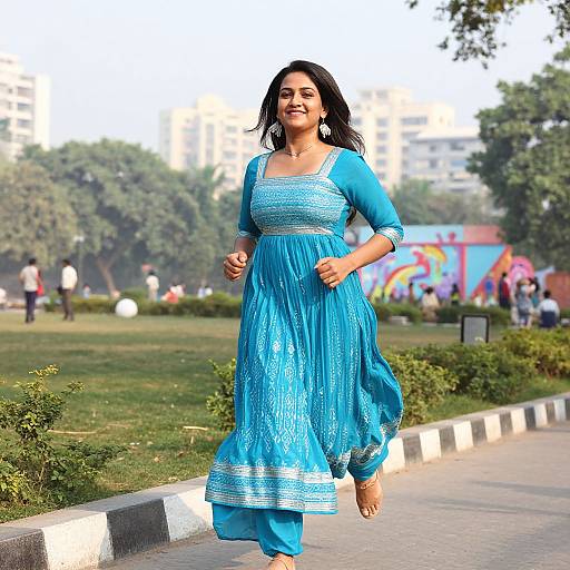 Photograph of a smiling Indian woman with dark hair, wearing a blue traditional lehenga with silver embroidery, walking barefoot on a park path with blurred