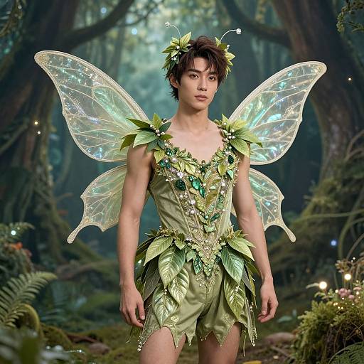 Photograph of a slim Asian man with short black hair, wearing a green leafy fairy costume with translucent, glowing wings, standing in a lush,