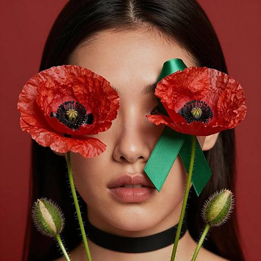 Mysterious Beauty with Poppies and Ribbon