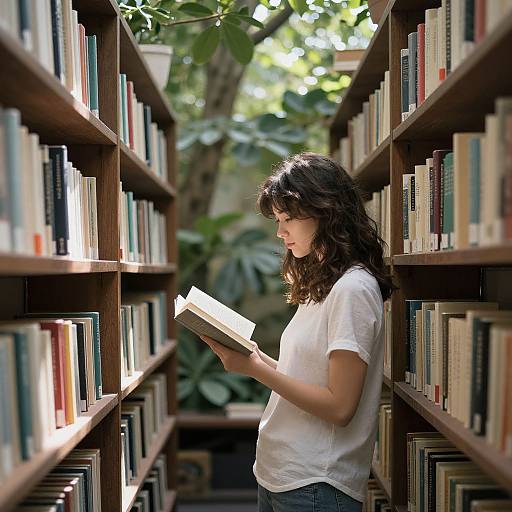 Photograph of a young woman with wavy brown hair, wearing a white t-shirt, reading a book in a sunlit library aisle.