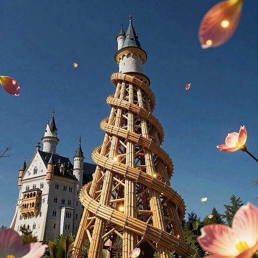 Photograph of a wooden spiral tower against a bright blue sky, with pink cherry blossom petals floating, and a white castle with multiple pointed towers in the