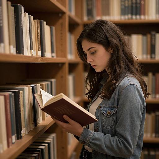 Photograph of a young woman with long dark hair, wearing a blue denim jacket, reading a book in a library with wooden bookshelves filled with