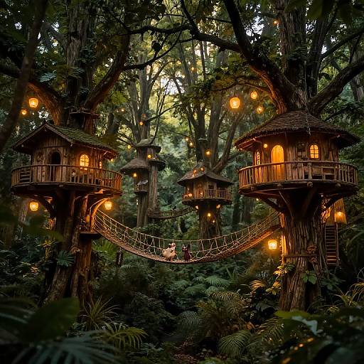 Photograph of a magical forest with three wooden treehouses, glowing lanterns, and a suspended rope bridge, illuminated by warm light.