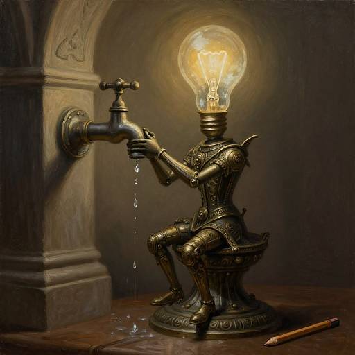 Photograph of a bronze, humanoid figure with a light bulb head, squatting to drink from a faucet, with water droplets. Dark, ar