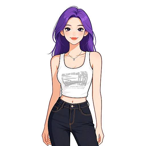 Digital anime-style drawing of a cute woman with long purple hair, wearing a white crop top and black jeans, standing against a plain white background.