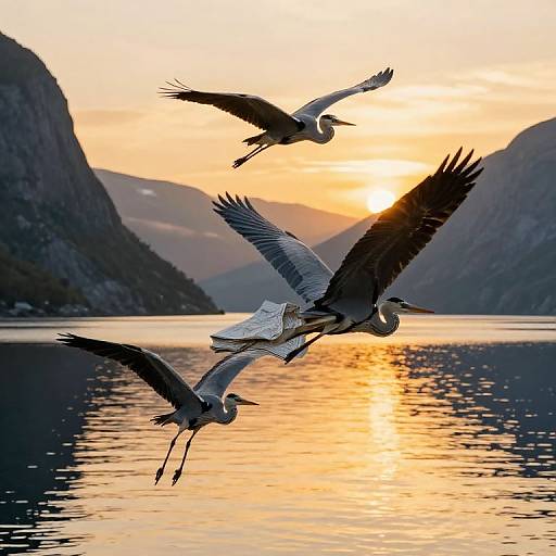 Photograph of four white cranes flying over a serene lake at sunset, with mountains and a golden-orange sky in the background.