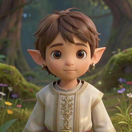 CGI fantasy elf child with large brown eyes, brown hair, pointed ears, gold earrings, embroidered cream shirt, in enchanted forest.