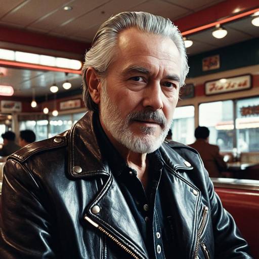 Mature man in black leather jacket at diner