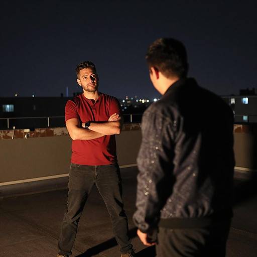 Two Men Talking on Rooftop at Night