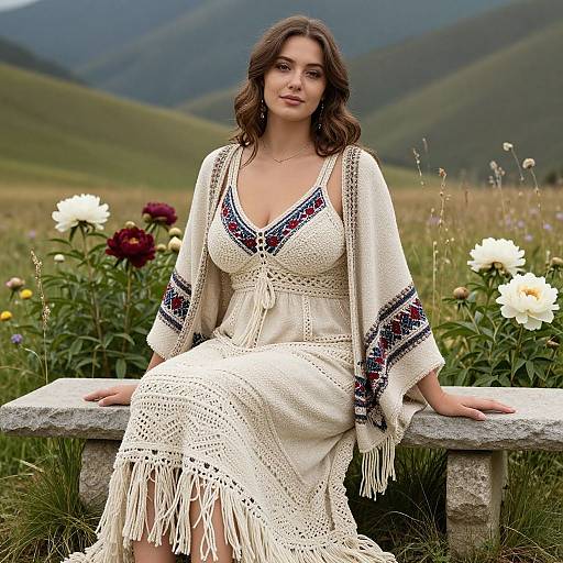 Photograph of a brunette woman with wavy hair, wearing a cream crochet dress with colorful patterns, sitting on a stone bench in a lush, mountain