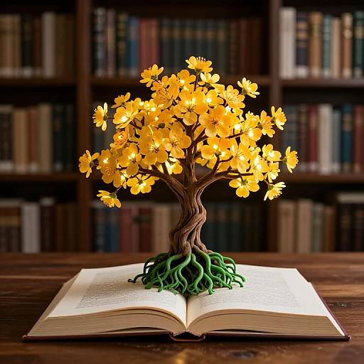 Photograph of a glowing yellow flower tree with green roots growing from an open book on a wooden table in front of a bookshelf.