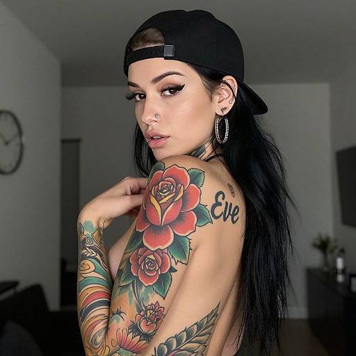 Tattooed Woman with Black Hair and Rose Tattoo