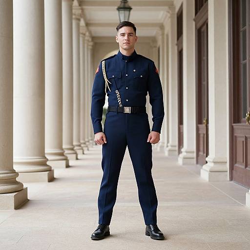 Man in Uniform Standing by Columns