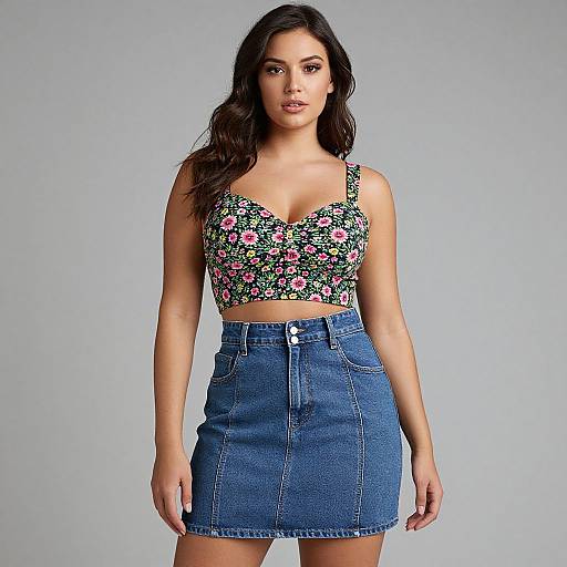 Photograph of a dark-haired woman in a floral crop top and high-waisted blue denim skirt, standing against a plain gray background.