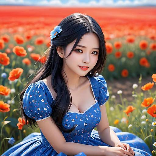 Girl in Blue Dress Among Flowers