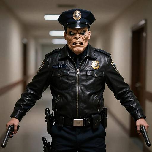 Menacing Officer in Dark Hallway