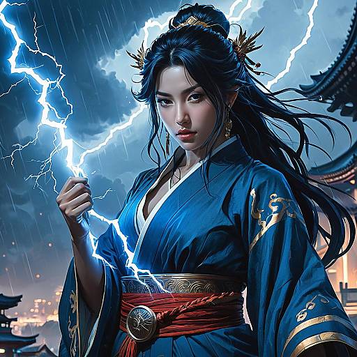 Japanese Lightning Goddess with Blue Kimono