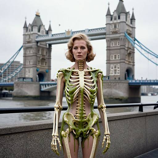 Photograph of a woman with a skeletal, green leaf-covered body standing in front of London's Tower Bridge, blending human and nature elements.