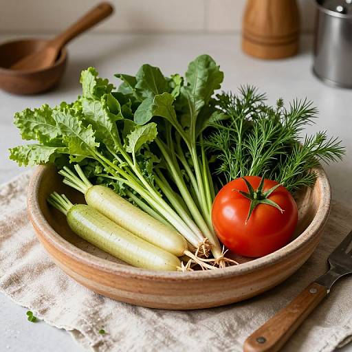 Photograph of a wooden bowl filled with fresh vegetables: leafy greens, radishes, carrots, and a ripe tomato, on a kitchen counter.
