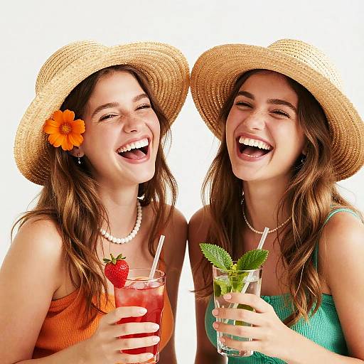 Two Young Women Laughing with Summer Drinks