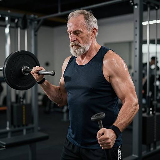 Photograph of an elderly, muscular man with gray hair and beard, wearing a black tank top, lifting a barbell in a dimly lit gym
