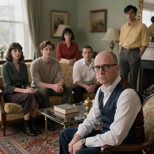 Six People in a Vintage Living Room Scene