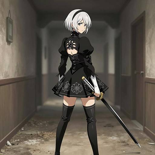 Anime Female Warrior with Katana in Dim Hallway