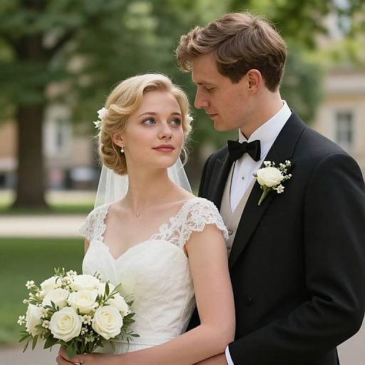 Photograph of a blonde bride in a white lace dress and veil, holding a white bouquet, standing close to a brown-haired groom in a black t