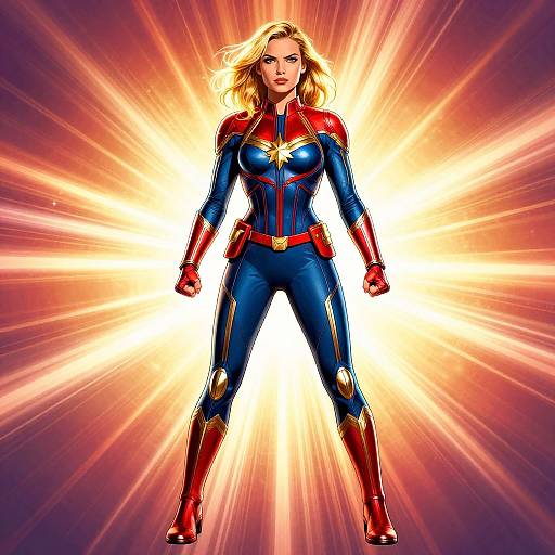 Digital art of a blonde, muscular woman in a red, blue, and gold superhero suit, standing confidently with radiant light beams behind her, emphasizing power
