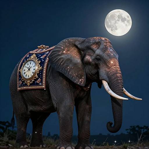 Photograph of an illuminated African elephant with a clock-covered saddle, standing under a full moon in a dark, starry night sky.