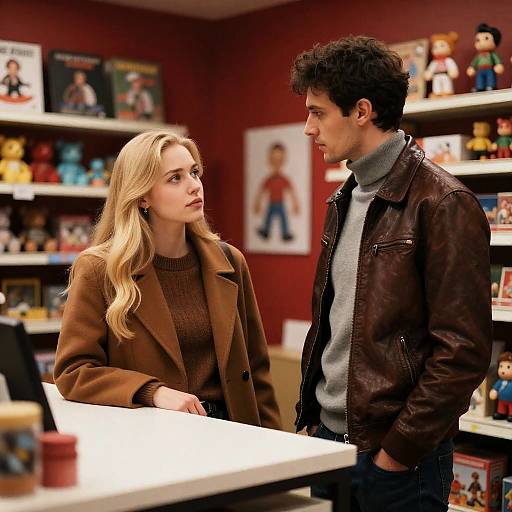 Two people in a toy store conversation