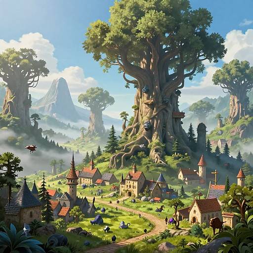 Fantastical digital painting of a vibrant, whimsical village nestled among towering trees and mountains, with colorful houses, winding paths, and lush greenery