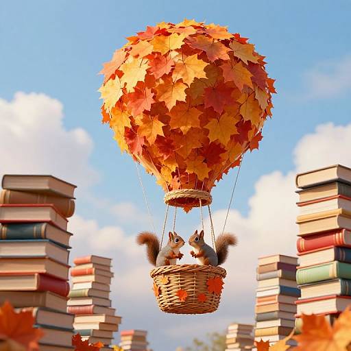 Photograph of two squirrels in a wicker basket with autumn leaves, flying in a bright orange hot air balloon, surrounded by tall stacks of colorful