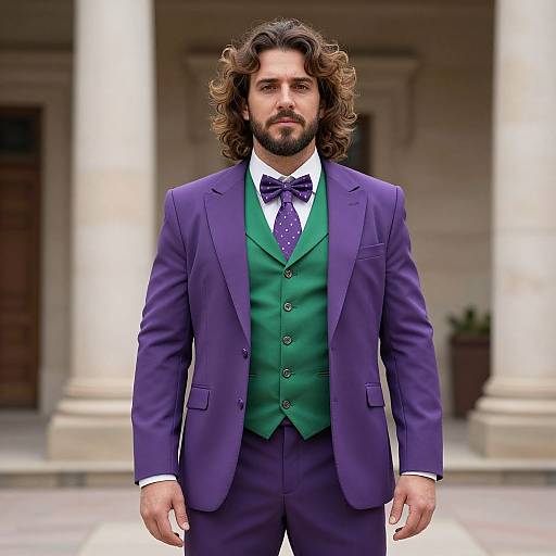 Photograph of a bearded man with curly brown hair, wearing a vivid purple suit, green vest, and purple bow tie, standing in front of