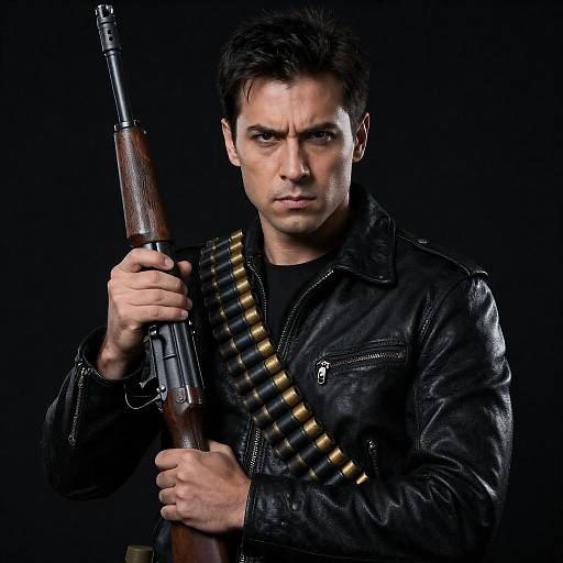 Man Holding Rifle with Ammunition Belt