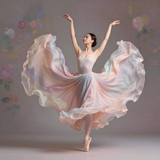 Photograph of a graceful ballerina in a flowing, iridescent, white ballet dress, en pointe, arms raised, against a past