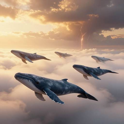 Photograph of four whales and dolphins flying above a cloudy sky with a bright, golden sunset and a lightning bolt in the background.